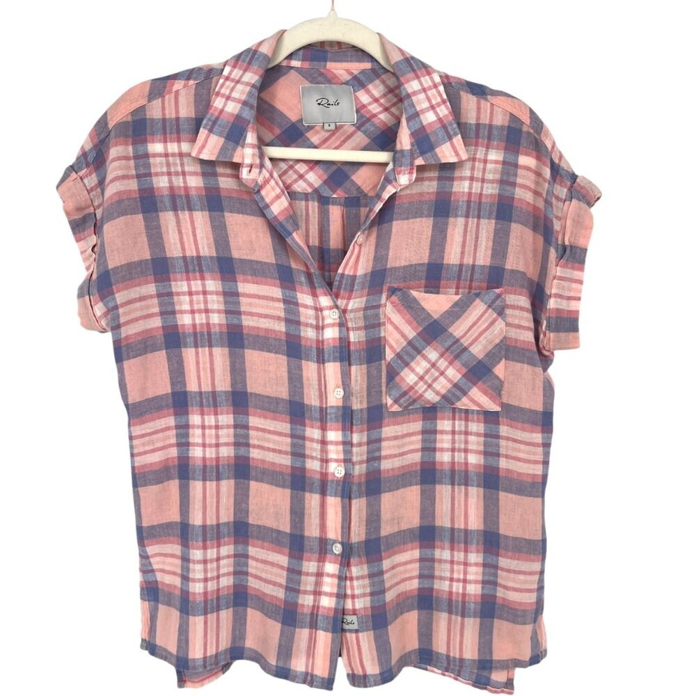Rails Whitney Peach Blush Blue Plaid Short Sleeve Button Down Shirt Size Small